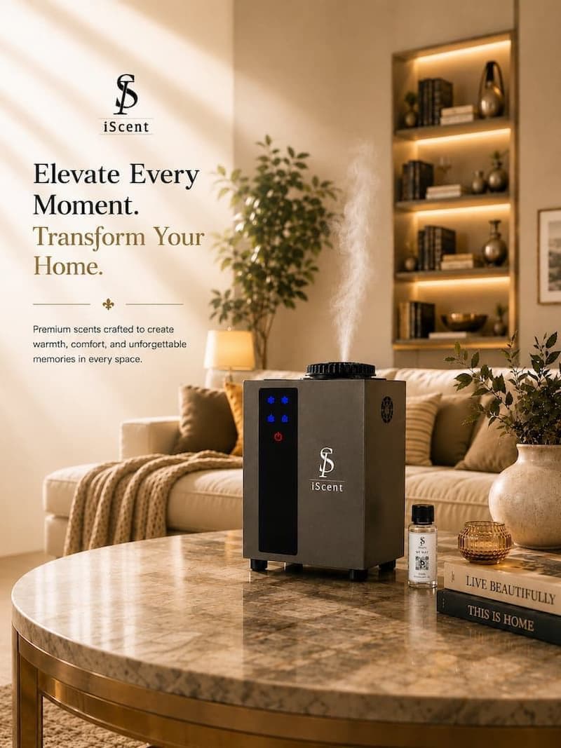 iScent USA hotel-quality fragrance diffuser styled in a warm, luxurious interior